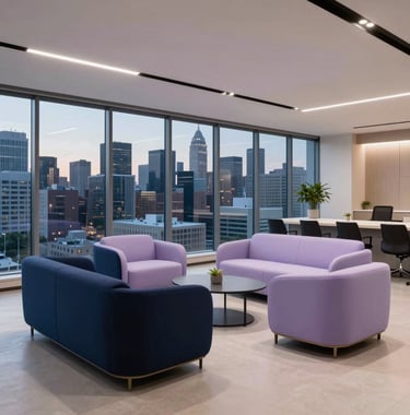 A wide-angle, premium photography shot of a modern, open-concept innovation lounge in a North American corporate headquarters. The furniture is minimalist and high-end, featuring deep navy and light lavender upholstery. Large windows show a clear city skyline at dusk.