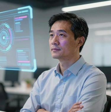 A professional portrait of a visionary leader in a high-tech North American workspace, looking thoughtfully at a holographic-style projection (implied by the soft lavender lighting on the face). The style is clean, sharp, and reflects strategic depth.
