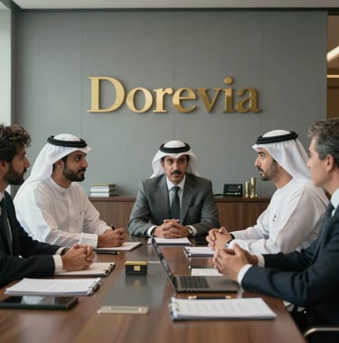 A professional setting showing a high-level business consultation in a Bahraini office. Muted tones of grey and gold dominate the scene, emphasizing the luxury and trust of the Dorevia brand.