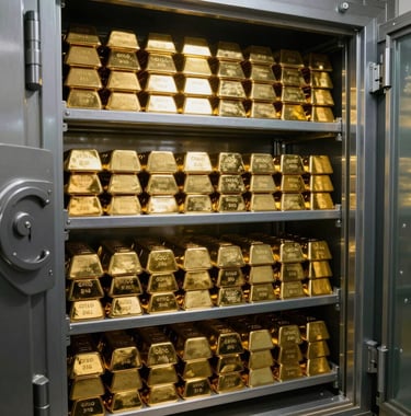 A photograph of a high-security vault interior with rows of stacked gold bullion bars. The lighting is low and dramatic, highlighting the brilliant gold color against the cool grey of the high-security shelving.