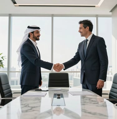 Two business professionals in formal attire shaking hands in a bright, sunlit boardroom in Bahrain. Wide composition showing a marble table and high-end decor. Middle Eastern / Gulf professional setting.