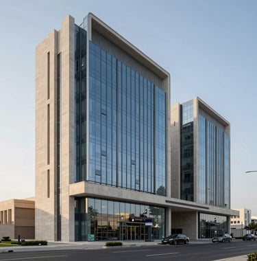 Exterior architectural photography of a modern commercial building in Hidd, Bahrain. Sleek glass and stone construction under a clear sky. Middle Eastern / Gulf architecture conveying stability and professionalism.