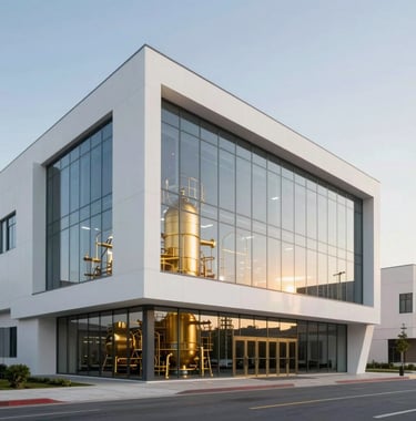 An architectural visualization of a modern gold refinery in the Middle Eastern / Gulf region. The building features clean white lines and large glass panels, reflecting a forward-looking and professional industrial presence.