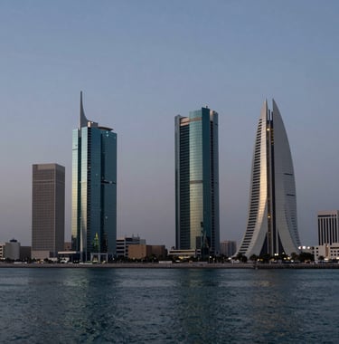 A photography of the modern Bahrain skyline at dusk, seen from across the water, representing the company's regional market presence and stability in the Middle Eastern / Gulf region.