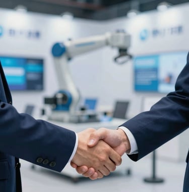 A close-up shot of two logistics professionals shaking hands in front of a modern exhibition booth. The background shows a blurry automated warehouse robot. Lighting is professional and cool-toned with #0077B6 accents.