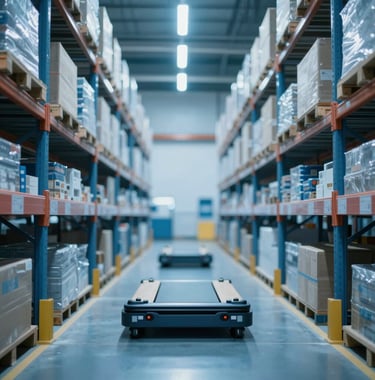 Vertical shot of a high-bay racking system inside a smart warehouse. Automated pallet shuttles are visible in action. Symmetrical composition, illuminated with cool blue LEDs (#0077B6). Futuristic and highly organized look.