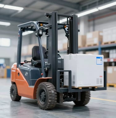 Modern electric forklift in motion within a brightly lit logistics terminal. Motion blur on the wheels, with the forks carrying a high-tech industrial package. Professional lighting using white (#F0F0F0) and blue (#0077B6).