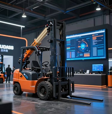 A wide shot of a modern industrial exhibition floor, showcasing high-reach forklifts and supply chain software screens. Dark aesthetic with vivid blue and orange light streaks reflecting the brand's futuristic mood.