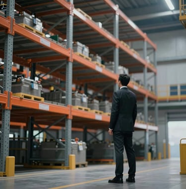 A visitor wearing a business suit observing a massive industrial racking system with orange safety beams (#FF8E3C). Futuristic, high-end industrial environment with dark shadows and sharp focus on the infrastructure.