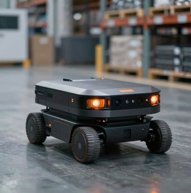 An autonomous mobile robot (AMR) navigating a warehouse floor. Dark aesthetic with sharp focus on the robot's orange sensor lights (#FF8E3C). Sophisticated industrial background with metallic textures.