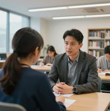 A candid photograph of a mentoring session between a mentor and student in a bright, modern North American library, featuring soft blue and neutral lighting.