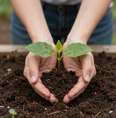 A close-up shot of hands planting a small sapling in dark soil, signifying the birth of a new sustainable initiative in a North American setting.