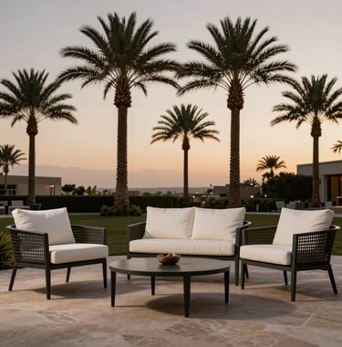 A sophisticated outdoor patio area featuring dark charcoal metal furniture with creamy white cushions. In the background, a row of tall palm trees is silhouetted against a soft champagne taupe and muted stone colored twilight sky.