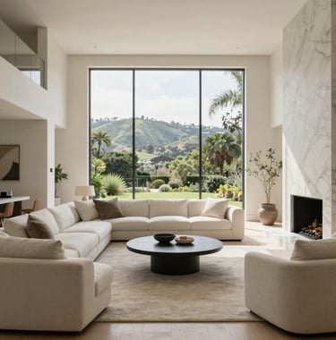 Interior shot of a minimalist luxury living room. The space is filled with creamy white furniture and muted stone accents. High-end architectural details include a marble fireplace and tall windows looking out over a lush green Southern California landscape.