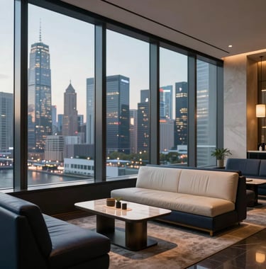 High-end architectural photography of a modern luxury lounge with floor-to-ceiling windows. The interior features Off-White leather and Dark Navy accents. Outside, a blurred view of a world-class city skyline at night. Global / Sophisticated Traveler.
