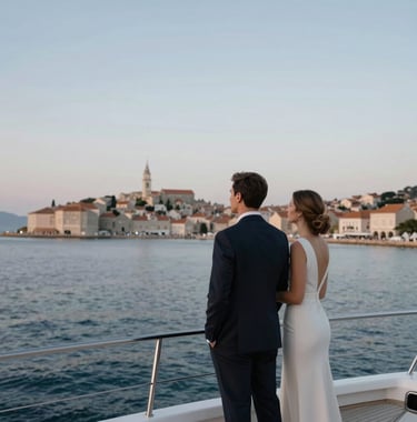 A photography shot of an elegant couple standing on a yacht deck, looking out towards a historic coastal town at dawn. The colors are Muted Blue and soft Off-White. Professional and refined lifestyle imagery. Global / Sophisticated Traveler.