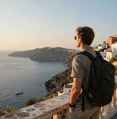 A wide-angle shot of a Global / Sophisticated Traveler looking out from a stone balcony over the light sky blue waters of a coastal Mediterranean village at sunset. Professional photography, warm golden light.