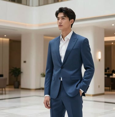 A medium shot of a Global / Sophisticated Traveler in a tailored steel blue suit standing in a sleek, modern luxury hotel lobby with minimalist pearl white decor and soft architectural lighting.