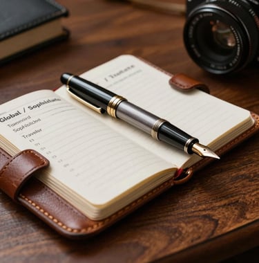 A close-up photograph of a vintage fountain pen and a leather-bound travel itinerary on a polished mahogany desk. The lighting is soft and professional, capturing a mood of trust and expertise. Global / Sophisticated Traveler.