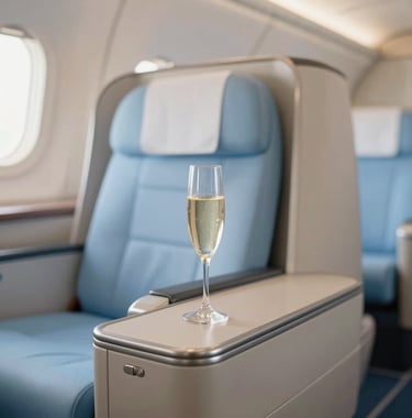A lifestyle photograph of a first-class cabin interior, showcasing premium materials and a glass of champagne on a side table. The colors are soft off-white and sky blue. Global / Sophisticated Traveler setting.