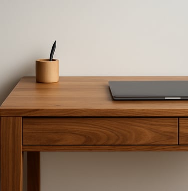 A close-up photograph of a minimalist home office desk set against a clean off-white wall. The composition highlights the smooth wood grain and the precision of the joinery, reflecting the sophisticated craftsmanship of a South Asian furniture manufacturer.