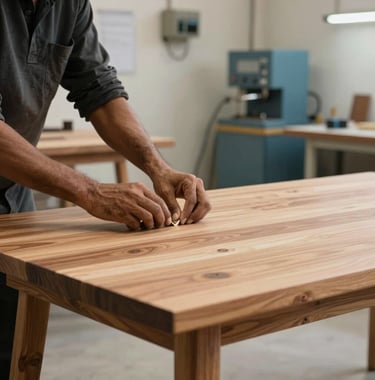 A detailed photograph of a craftsman's hands at the Pune manufacturing unit, carefully finishing a bespoke solid wood table. The background is a clean, modern workshop with off-white walls and steel blue equipment.