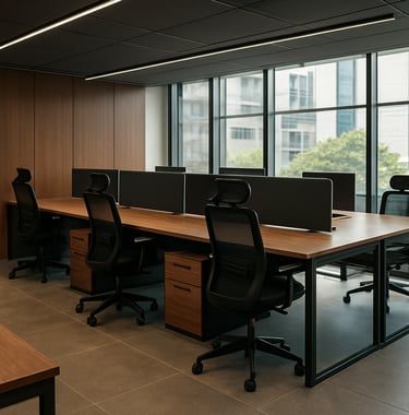 An interior shot of a high-end corporate office in Pune, featuring custom-built ergonomic workstations crafted from premium wood and steel. The atmosphere is professional and modern, reflecting refined Indian workplace culture.