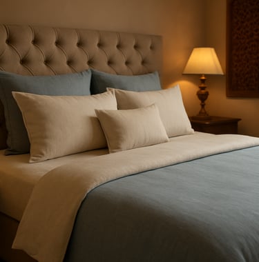 A close-up of a luxury bed with light blue and off-white linens in a contemporary Indian bedroom setting with warm, soft lighting.