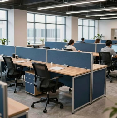 An inspiring shot of a collaborative workspace featuring modular office furniture in steel blue and dark navy. The setting is bright and professional, typical of a modern South Asian innovation hub, emphasizing functionality and modern design.