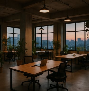 An inspiring open-plan studio interior in India with custom-made workstations, indoor greenery, and large windows revealing a city view at dusk.