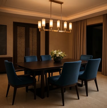 A stylish dining area in a luxury South Asian home, featuring a contemporary dining set with dark navy accents and steel blue upholstery. The lighting is warm and inviting, highlighting the refined elegance of the space.