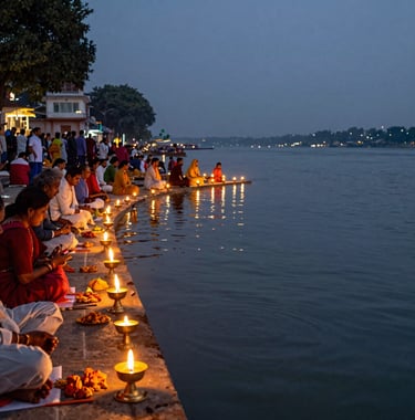 An elegant wide-angle shot of the evening Ganga Aarti ceremony at Triveni Ghat in Rishikesh. Glowing brass lamps, soft reflections of amber and gold flames on the water, serene spiritual atmosphere with South Asian devotees gathered along the riverbank.