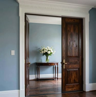 An inviting entryway of a luxury North American / Southern US residence. A heavy dark wood door opens to a foyer with soft misty blue walls. A vase of white flowers sits on a console table. Elegant pearl white crown molding adds a sophisticated touch.