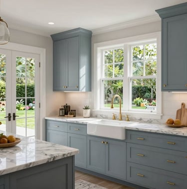 A high-end interior photography shot of a modern kitchen in a North American / Southern US home. Features include Soft Blue-Grey cabinetry, marble countertops, and large windows looking out onto a lush green garden. The style is clean, elegant, and bright.