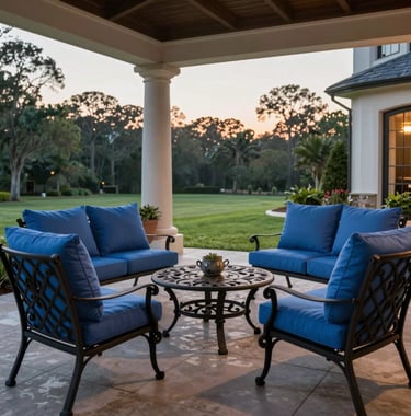 A lifestyle photograph of a luxury outdoor patio in a North American / Southern US estate. The scene features elegant wrought-iron furniture with Steel Blue cushions, a manicured lawn in the distance, and the soft glow of dusk. The atmosphere is peaceful and aspirational.