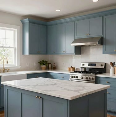 A bright and airy kitchen in a North American / Southern US home. Features include elegant pearl white marble countertops and muted slate blue cabinetry. High-end stainless steel appliances are visible. Soft morning light fills the space.