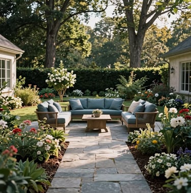 A view of a manicured backyard garden in a North American / Southern US estate. A stone pathway leads to a seating area with muted slate blue cushions. Flowering bushes and tall trees frame the serene space during a clear afternoon.