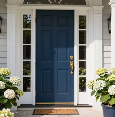 A detailed close-up of a high-end residential entryway in the Southern US. The shot focuses on a grand Deep Navy Blue front door with polished brass hardware, flanked by Fresh Pearl White columns and blooming hydrangeas. Bright, clean morning light.