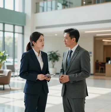 A medium shot of two professionals in business attire discussing a project in a bright North American / US institutional lobby. Natural light illuminates the space, which is clean, modern, and professional, using Sage Teal accents.