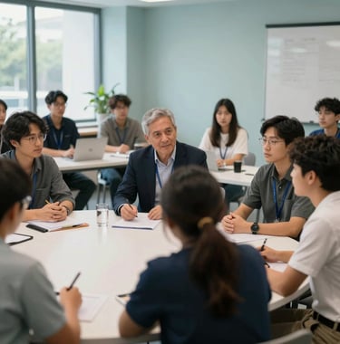 A group of professional mentors and young leaders engaged in a workshop at a modern North American / US community center. Bright, natural light with soft sage blue accents.