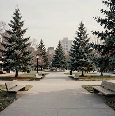A serene landscape of a North American / US urban park with well-maintained public facilities, symbolizing community order and high quality of life. Muted spruce and cool off-white tones.