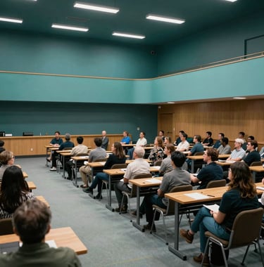 A wide shot of a community lecture hall in a North American / US university, where people are gathered for a leadership development seminar. The lighting is professional and inspiring, with a palette of deep forest teal and muted seafoam.