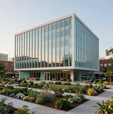 An architectural shot of a modern, ethical leadership center in a North American / US city. The building features clean lines, soft seafoam glass reflections, and is surrounded by an orderly, established community garden.