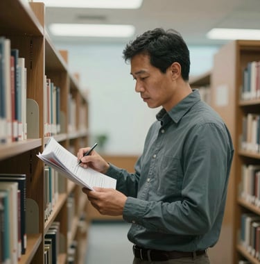 A professional in a North American / US corporate library environment, engaged in thoughtful planning while looking at structured documents. The scene features warm sage teal wood accents and morning mist highlights, emphasizing legacy stewardship.