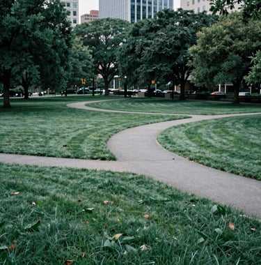 A serene and orderly North American / US urban park with manicured lawns and structured pathways. The composition is balanced and peaceful, reflecting community order and stability in shades of Sage Teal and Deep Evergreen.