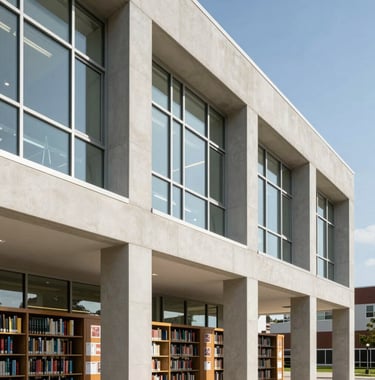 An architectural detail of a new library or school wing funded by philanthropy in a North American / US town. The design is modern, clean, and forward-thinking, emphasizing stability.