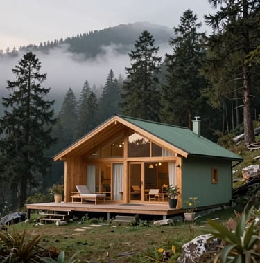 A wide shot of a cozy luxury cabin nestled in the Manali mountains, surrounded by cedar forests and morning mist, sage green and sand tones, sophisticated outdoor lifestyle.