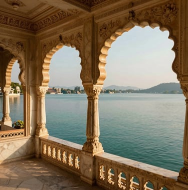 A close-up photograph of a luxurious balcony view in Udaipur overlooking Lake Pichola, intricate marble carvings, teal colored water, South Asian architecture, sunset lighting.