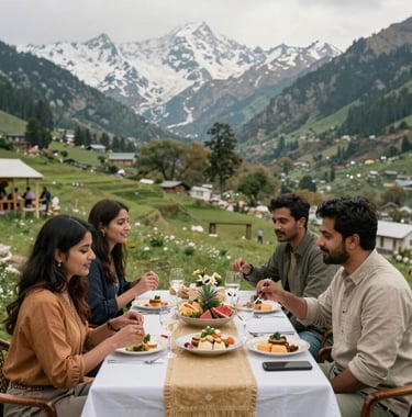 A group of South Asian travelers enjoying an elegant outdoor lunch in a lush green valley in Manali, snow peaks in the distance, vibrant sage and sand colored decor, aspirational travel.