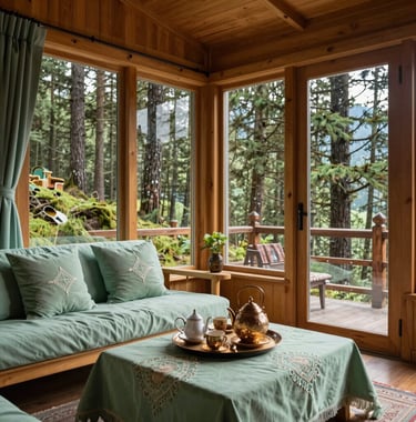 A cozy, luxury wooden cabin interior in Manali with large glass windows showing a dense pine forest. The room is decorated with sage and mint green textiles, reflecting a premium holiday mood. A South Asian / Indian style tea set sits on a low table in the foreground.
